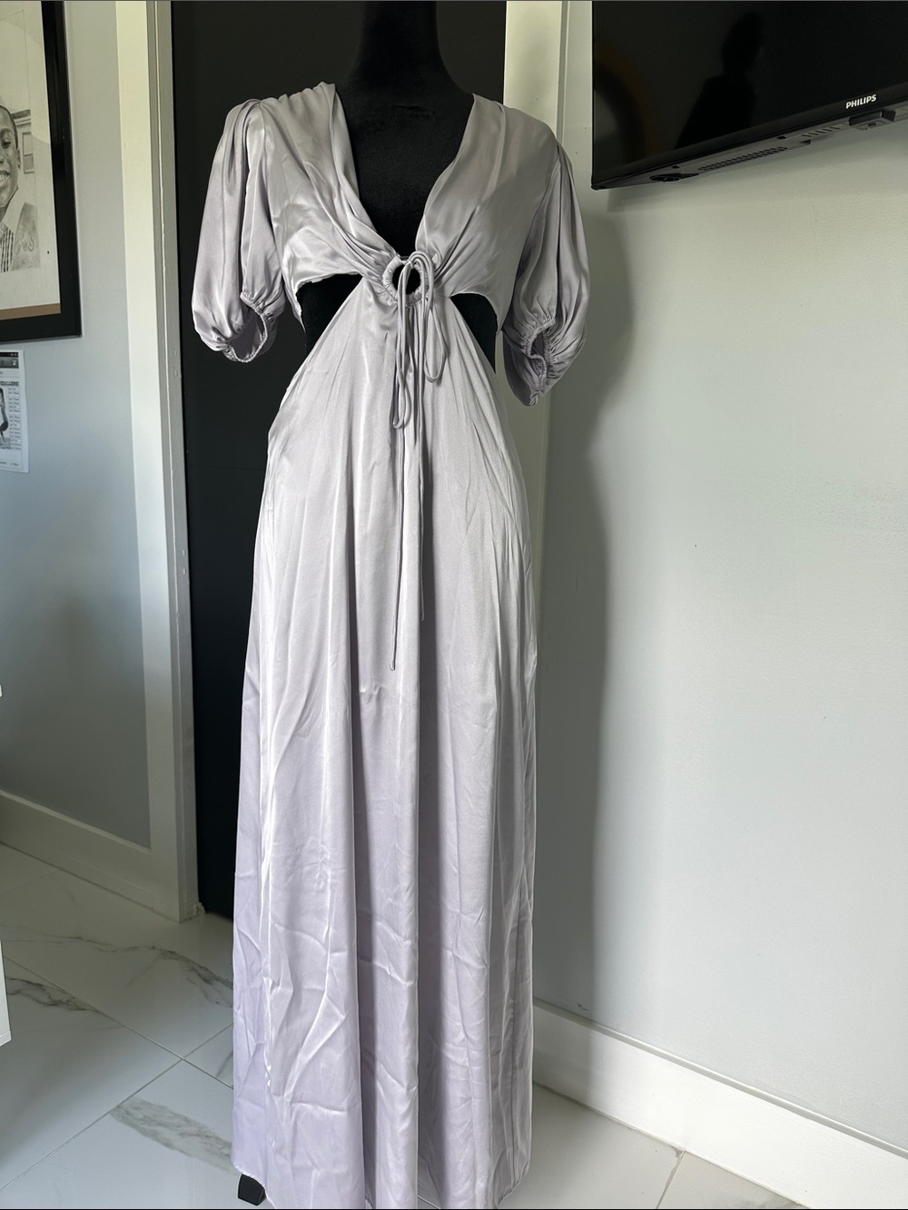 Cutout Puff Sleeve Maxi Dress in White Like New